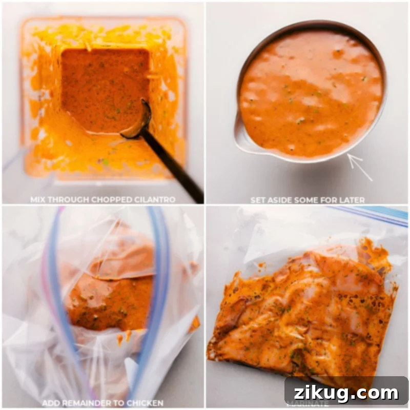 Chicken marinating in the delicious Chipotle Chicken Marinade, absorbing all the smoky and spicy flavors. This ensures a gorgeously charred exterior and juicy interior – a recipe you'll want to make over and over again. Process shots of chicken marinating in a resealable bag in the refrigerator