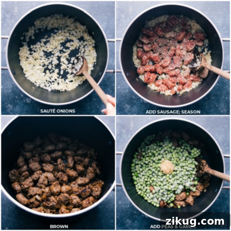 Preparing the aromatic base for Creamy Meatballs and Orzo. Process images showing finely diced onion, Italian sausage being browned, vibrant frozen peas, and aromatic minced garlic being prepared, highlighting key ingredients for Meatballs and Orzo.