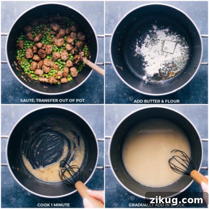 Crafting the rich and creamy base for Meatballs and Orzo. Process images illustrating the creation of the creamy gravy mixture, including melting butter, whisking in flour, gradually adding rich chicken stock, and finally incorporating whole milk, setting the base for the Meatballs and Orzo.
