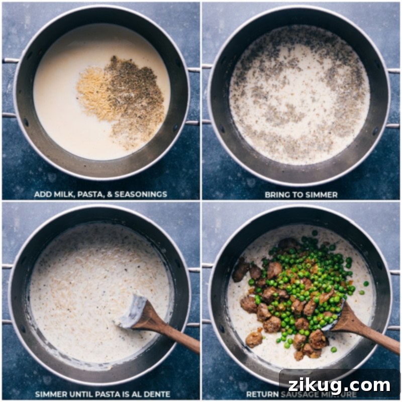 The one-pot magic of Meatballs and Orzo coming together. Process images showing creamy milk, uncooked orzo pasta, Italian seasonings, and the browned Italian sausage being combined in one pot, signifying the one-pot cooking method for Meatballs and Orzo.