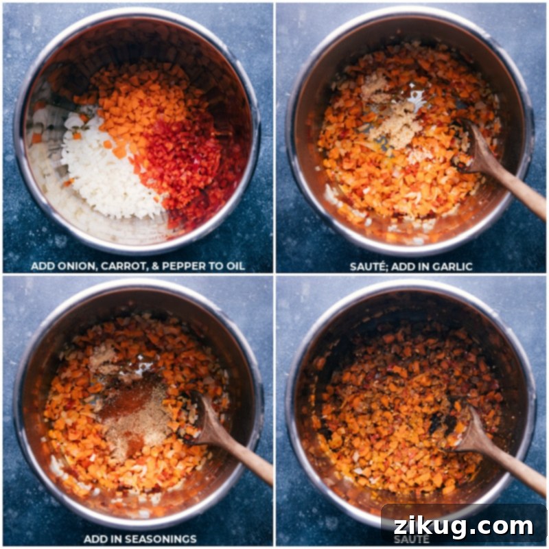 Process shots: Sautéing onion, carrot, and red pepper in oil, then adding garlic and spices for a rich base.