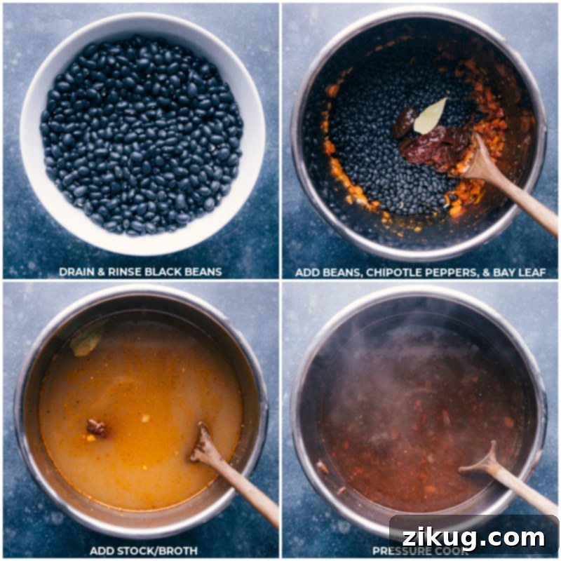 Process shots: Draining and rinsing black beans, then adding beans, chipotle peppers, and bay leaf to a large pot with broth, ready for cooking.