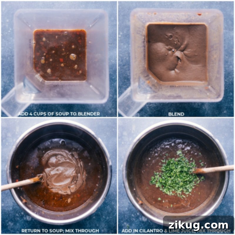 Process shots: Blending a portion of the soup, returning it to the pot, and stirring in fresh cilantro and lime juice for finishing touches.