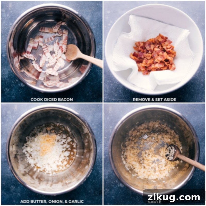 Process shots showing bacon sizzling and then onions and garlic sautéing in an Instant Pot, building foundational flavors.