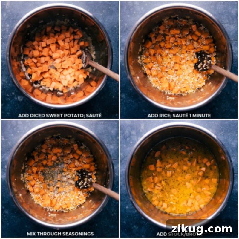 Process shots of Instant Pot Sweet Potato Risotto: showing sweet potatoes, Arborio rice, seasonings, and chicken stock being added to the pot before pressure cooking.