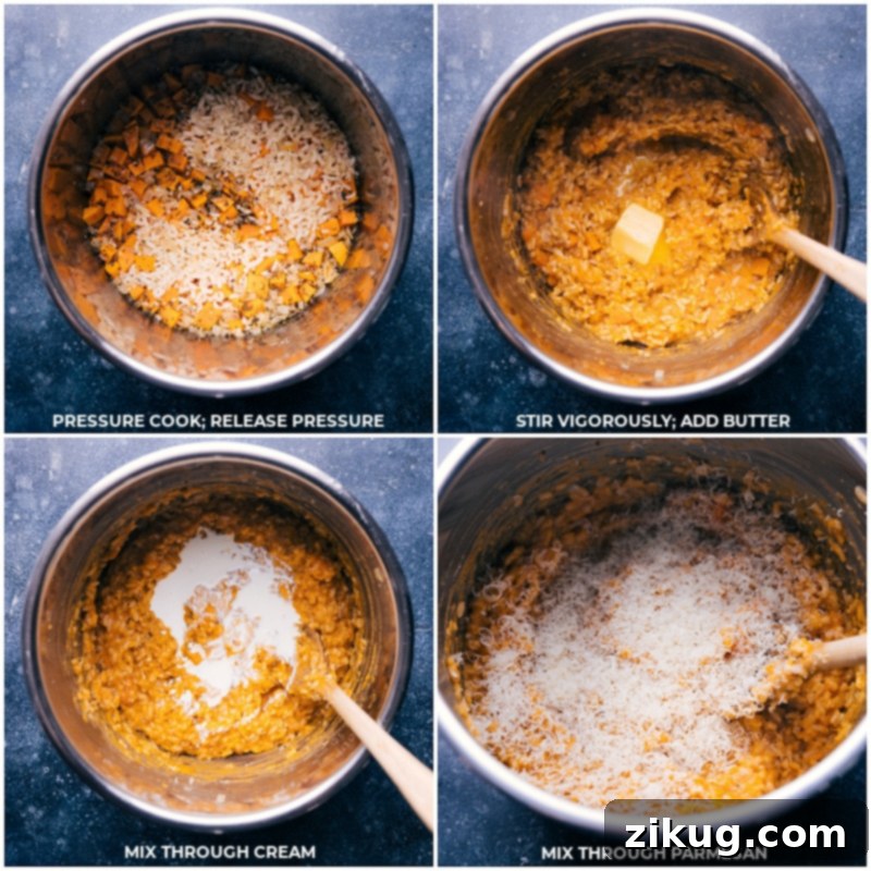 Process shots of Sweet Potato Risotto: showing butter, heavy cream, and Parmesan cheese being stirred into the cooked risotto, creating a rich, creamy finish.