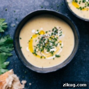 A close-up shot of the finished Potato Leek Soup, garnished and ready to serve.