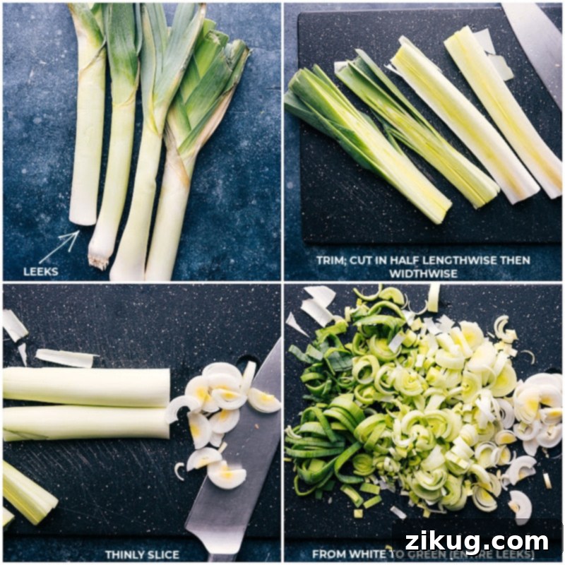 Preparation of Leeks: Essential steps for making delicious Potato Leek Soup. Process shots showing fresh leeks being expertly chopped on a cutting board, ready for cooking.