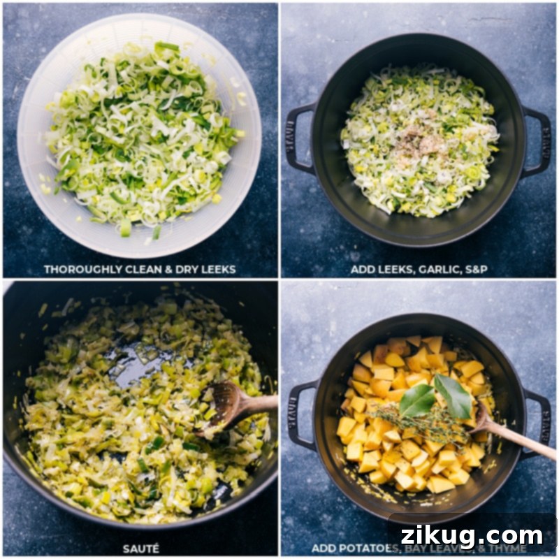 Step-by-step cooking process for a delicious and hearty Potato Leek Soup. Process shots of Potato Leek Soup: images illustrating leeks being washed and cooked, followed by potatoes, bay leaves, and thyme being added to the pot.