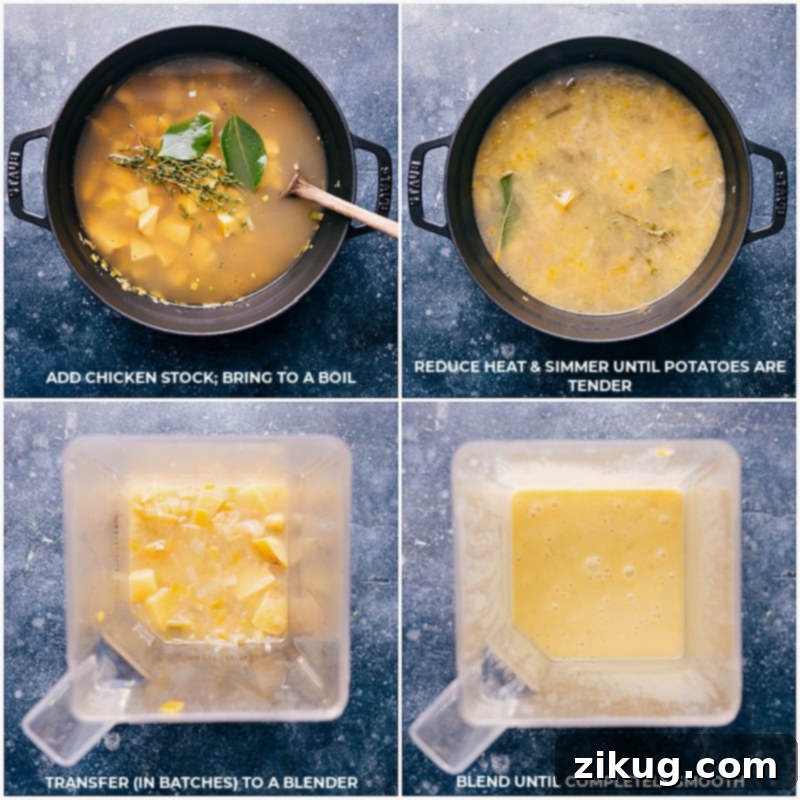 From simmer to smooth: The delightful transformation of Potato Leek Soup. Process shots showing the soup being cooked to perfection and then beautifully blended into a creamy texture.