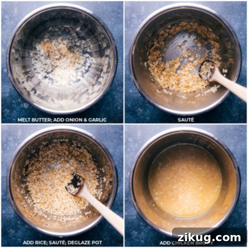Effortless Velvety Instant Pot Risotto 3 Process shots showing how to prepare Instant Pot Risotto: melting butter and adding onion and garlic; sautéing aromatics; adding rice and deglazing with broth; pouring in chicken broth before pressure cooking.