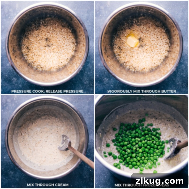 Effortless Velvety Instant Pot Risotto 4 Process shots demonstrating the final stages of Instant Pot Risotto: after cooking and pressure release; mixing in butter; stirring in heavy cream; incorporating frozen peas for color and freshness.