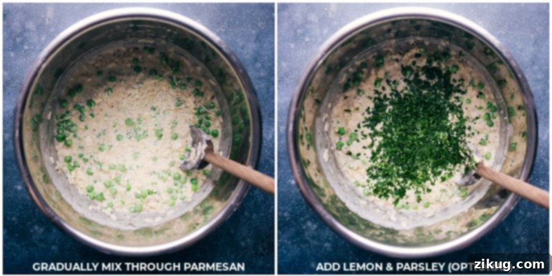 Effortless Velvety Instant Pot Risotto 5 Process shots showing the finishing touches for Instant Pot Risotto: mixing in freshly grated Parmesan cheese; adding a squeeze of lemon juice and chopped parsley for brightness.