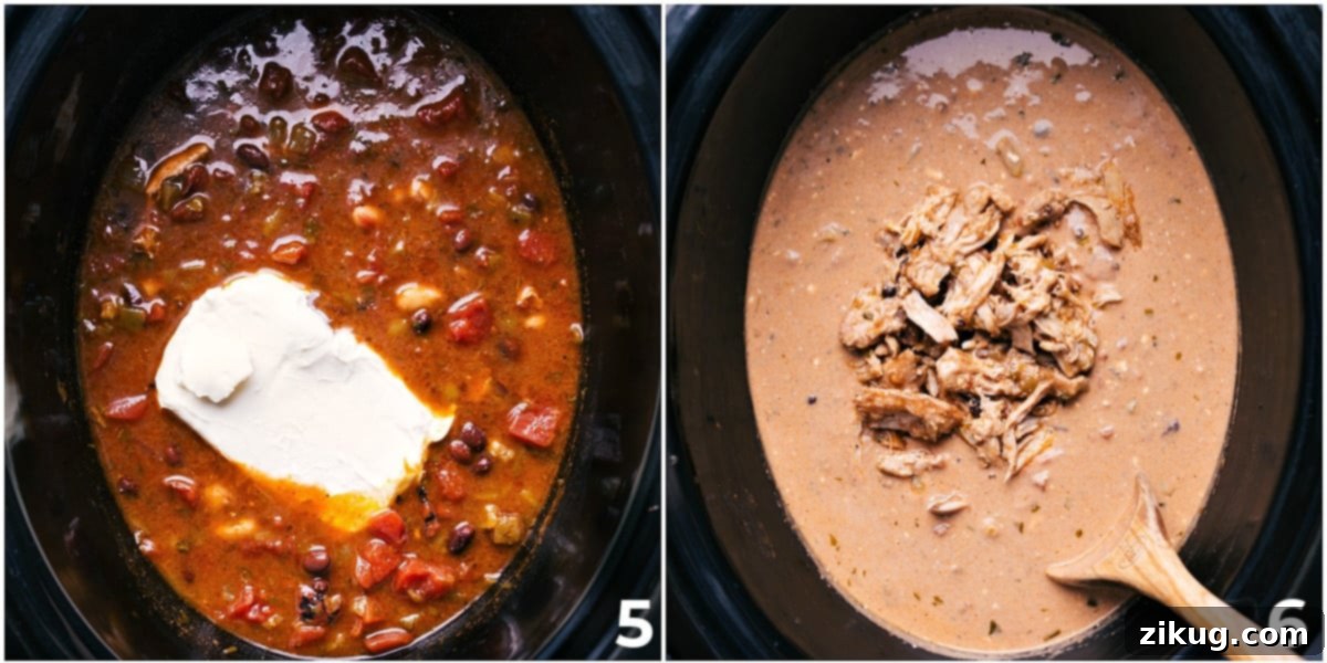 How To Make Green Chicken Enchilada Soup Cream cheese is carefully added to the slow cooker, ready to be whisked into the rich soup base alongside the tender, shredded chicken.