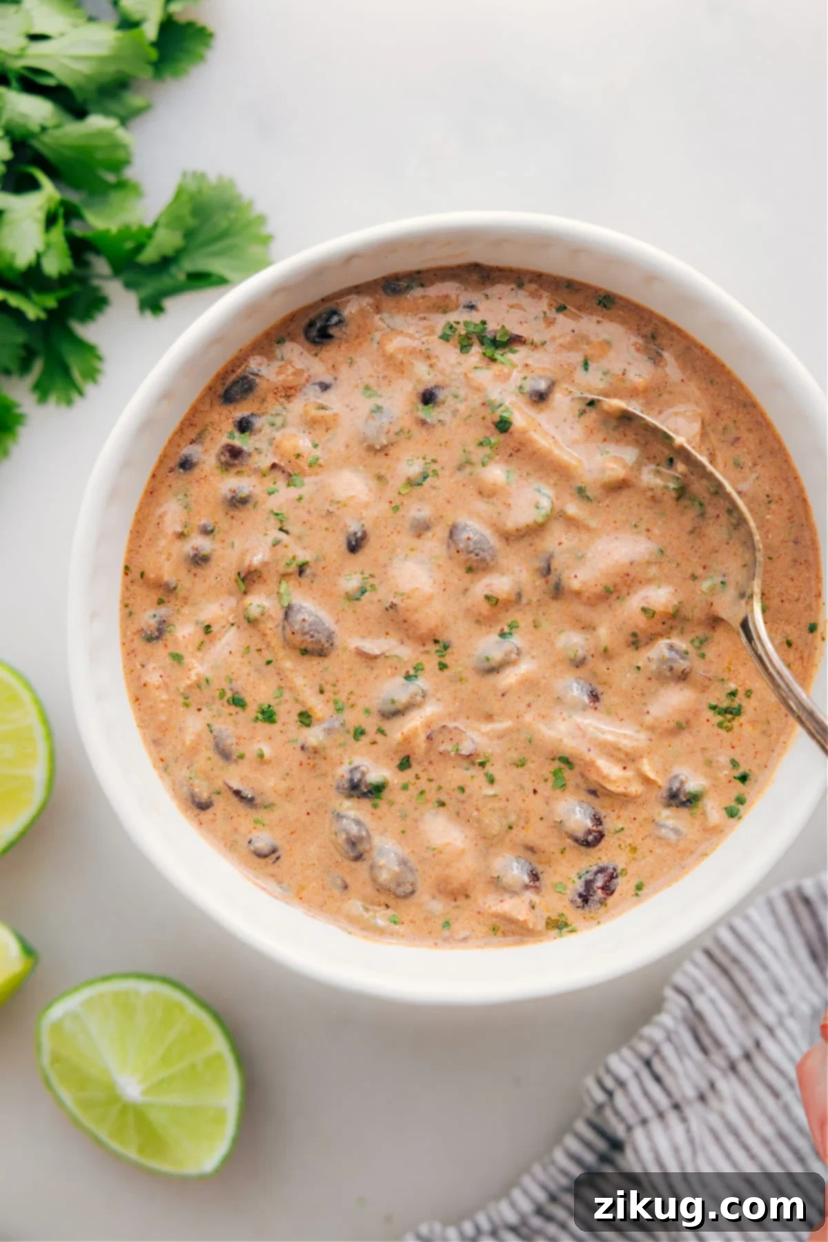Ready-to-Enjoy Crock Pot Green Enchilada Chicken Soup with Fresh Herbs A comforting bowl of green chicken enchilada soup is beautifully served and ready to be savored, garnished with fresh herbs and a swirl of cream.