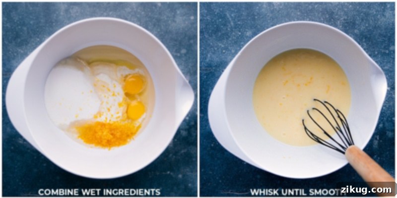 Mixing Wet Ingredients - Smooth and Creamy Combining the wet ingredients and whisking until smooth.