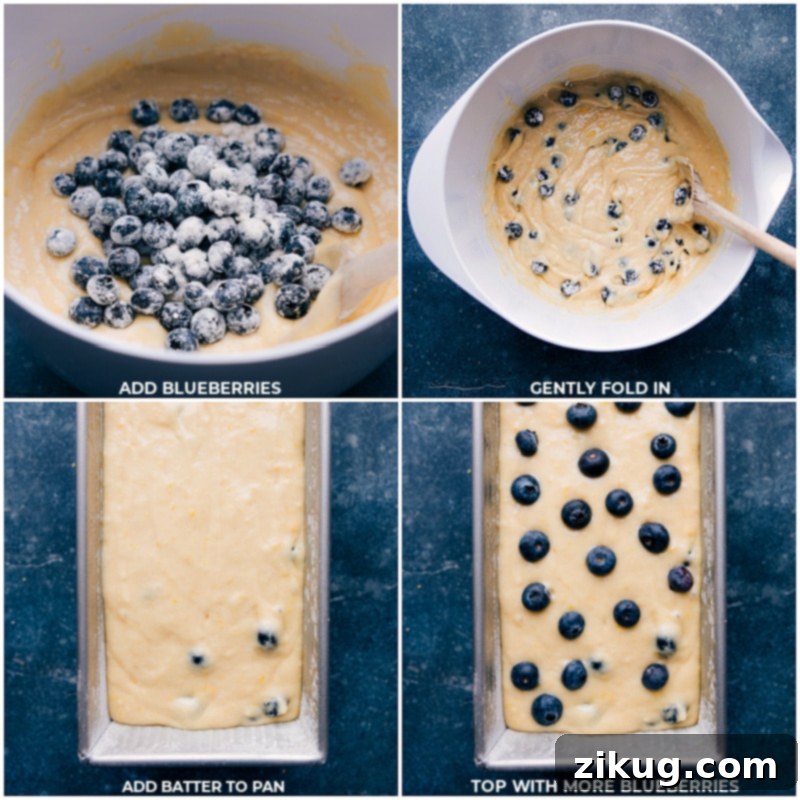 Blueberry Bread Preparation - Bursting with Flavor Adding blueberries to the batter and gently folding them in, then adding the batter to the pan and topping with more blueberries.