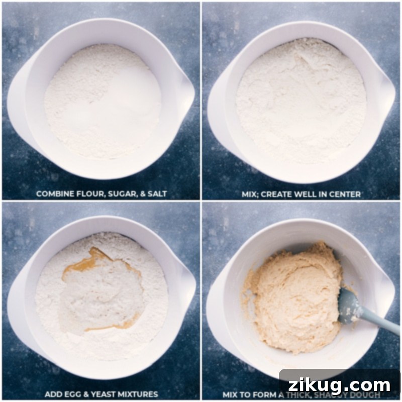 Process shots: combine flour, sugar and salt; mix and create a well in the center; add egg and yeast mixtures; mix to form a thick, shaggy dough for these easy cinnamon rolls.