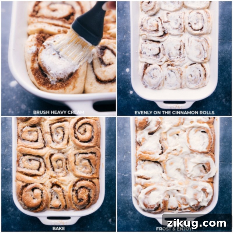 Process shots: Brush heavy cream over unbaked rolls; bake; frost and serve these easy no-knead cinnamon rolls.