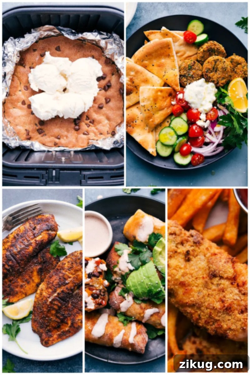 Mastering Your Air Fryer 2 Various healthy ingredients and a clean air fryer basket, emphasizing healthy cooking