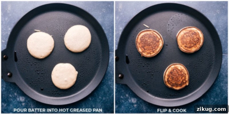 Applesauce Pancakes - Wholesome & Easy Blender Recipe for a Delicious Breakfast Process shots of Applesauce Pancakes being cooked on a griddle, showing bubbles forming and pancakes turning golden brown, ready to be flipped and served.