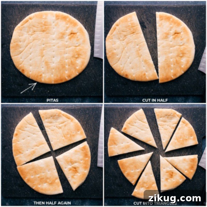 Homemade Pita Chips are out-of-this-world delicious! Recipe via chelseasmessyapron #appetizer #best #quick #easy #simple #snacks #pita #chips Process shots showing pita bread being cut into uniform triangles.