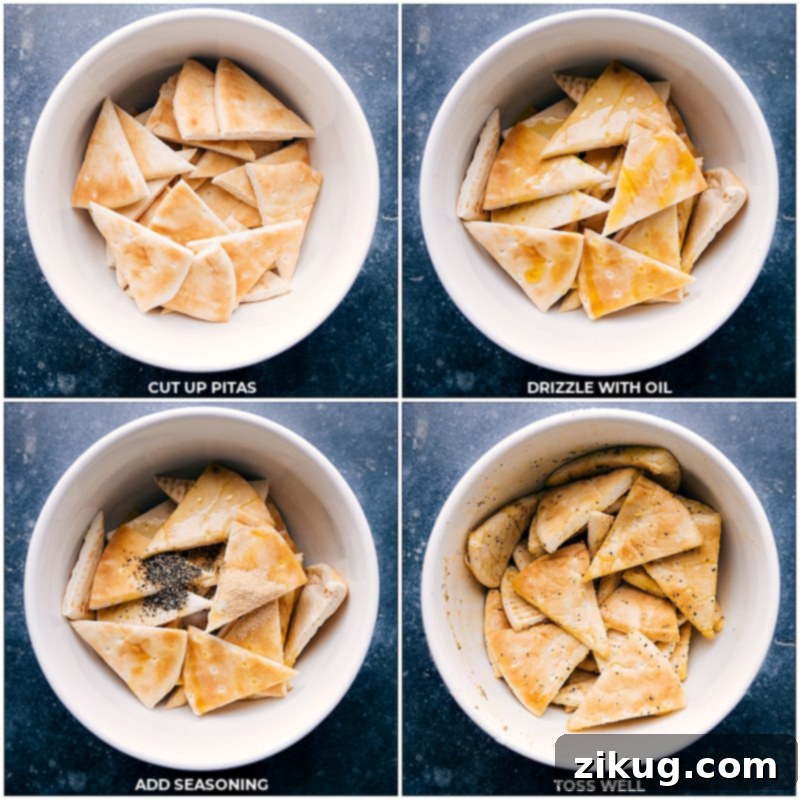 These big, thick, and crunchy chips are the perfect vehicle for a good dip and the ultimate addition to a fun Mediterranean spread. Recipe via chelseasmessyapron #appetizer #best #quick #easy #simple #snacks #pita #chips Process shots showing olive oil and seasonings being tossed with pita triangles in a bowl.