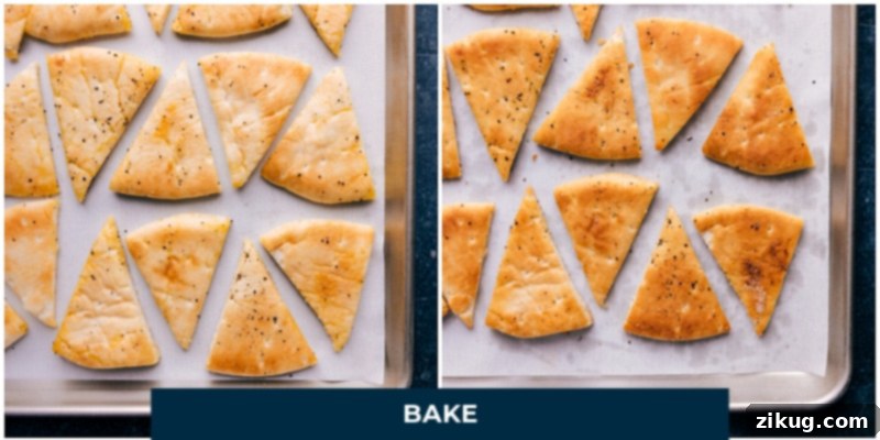 Homemade Pita Chips! These big, thick, and crunchy chips are the perfect vehicle for a good dip and the ultimate addition to a fun Mediterranean spread. Recipe via chelseasmessyapron #appetizer #best #quick #easy #simple #snacks #pita #chips Pita triangles arranged on a baking sheet, ready to go into the oven.