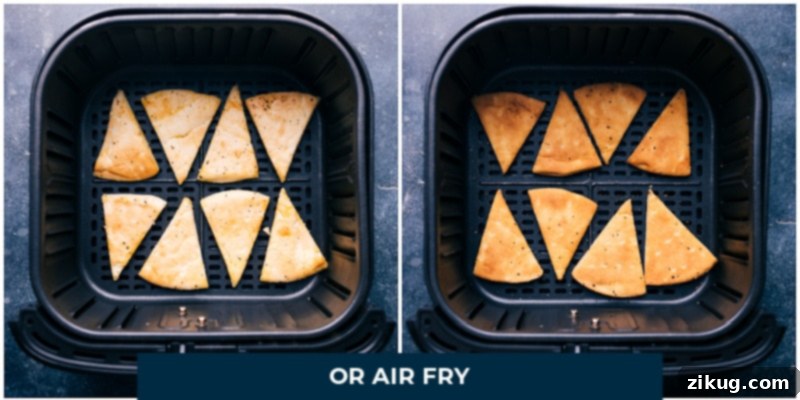 Homemade Pita Chips are the best! These big, thick, and crunchy chips are the perfect vehicle for a good dip and the ultimate addition to a fun Mediterranean spread. Recipe via chelseasmessyapron #appetizer #best #quick #easy #simple #snacks #pita #chips Process shots showing pita chips being air-fried in an air fryer basket.