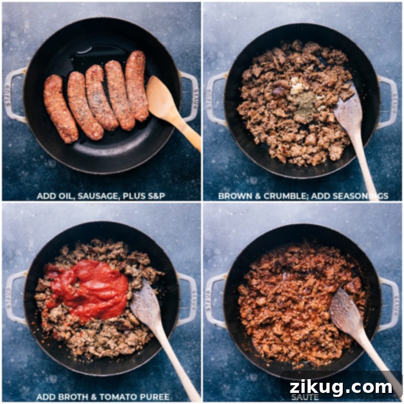 Savory Sausage Pasta 2 The process of browning meat and adding seasonings, broth, and tomato puree to create a rich sauce base.