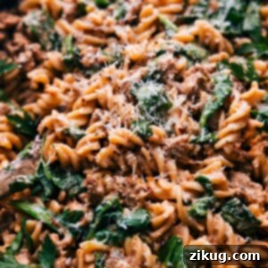 Savory Sausage Pasta 3 A close-up shot of the finished creamy sausage pasta dish in a bowl.