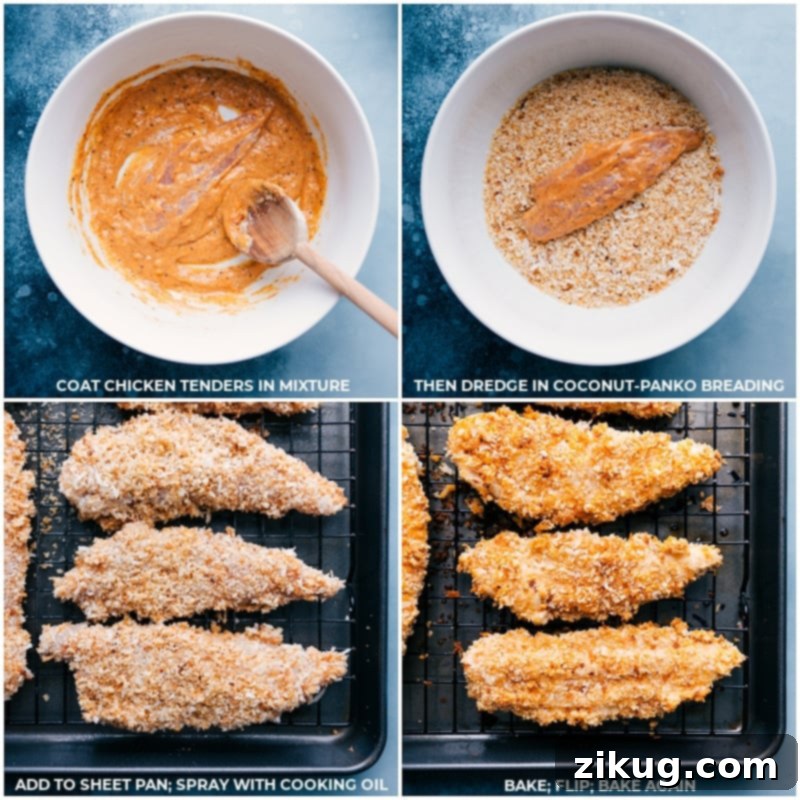 Ultra-crispy baked Coconut Chicken tenders! Recipe via ChelseasMessyApron #dinner #quick #easy #simple #oven #dippingsauce #chickentenders #coconut #chicken Process shots: coating, dredging, spraying and baking the chicken tenders