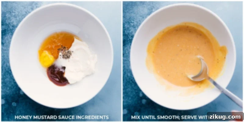 Quick five-ingredient honey-mustard dipping sauce. Recipe via ChelseasMessyApron #dinner #quick #easy #simple #oven #dippingsauce #chickentenders #coconut #chicken Creating the honey-mustard dipping sauce