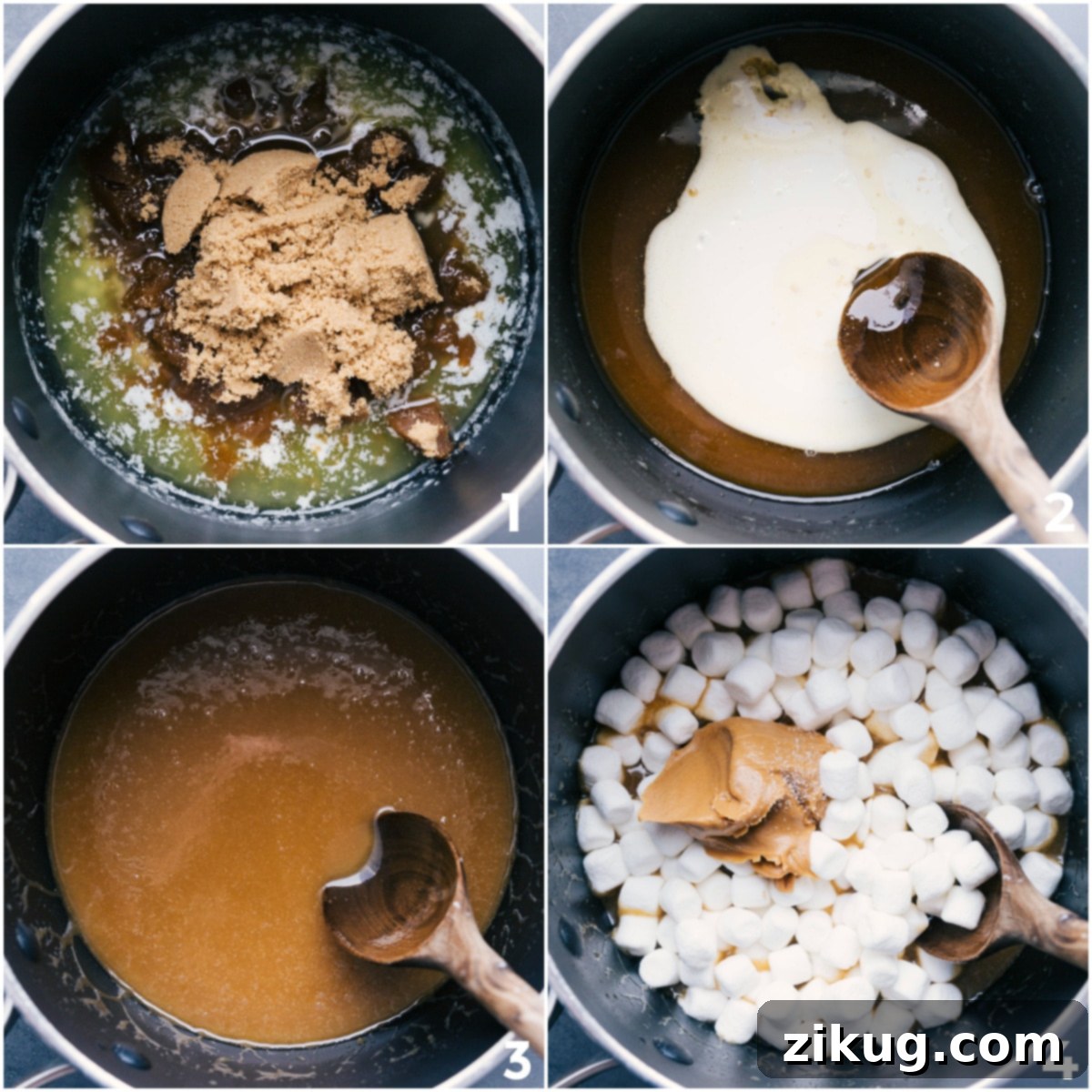 How To Make Peanut Butter Rice Krispie Treats The process of making Peanut Butter Rice Krispie Treats, showing butter and brown sugar melting, followed by marshmallows and peanut butter being added to create the gooey base.