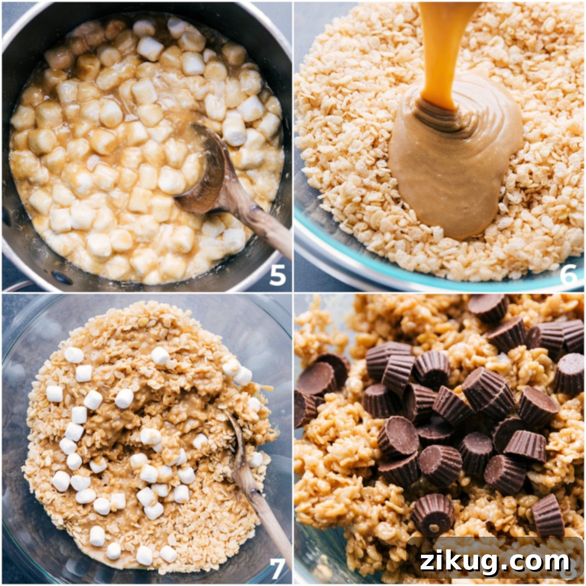 Mixing Everything Together For These Rice Krispie Treats The marshmallow and peanut butter mixture is poured over the Rice Krispies, and more marshmallows and peanut butter cups are mixed in for these peanut butter Rice Krispie treats.