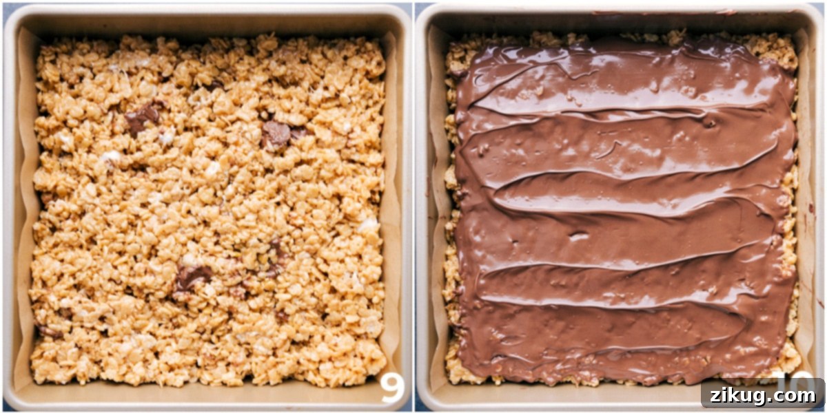 Adding A Chocolate Topping To The No Bake Peanut Butter Rice Krispie Treats The no-bake peanut butter Rice Krispie dessert pressed into an even layer in a baking pan, with melted chocolate and peanut butter being spread on top.