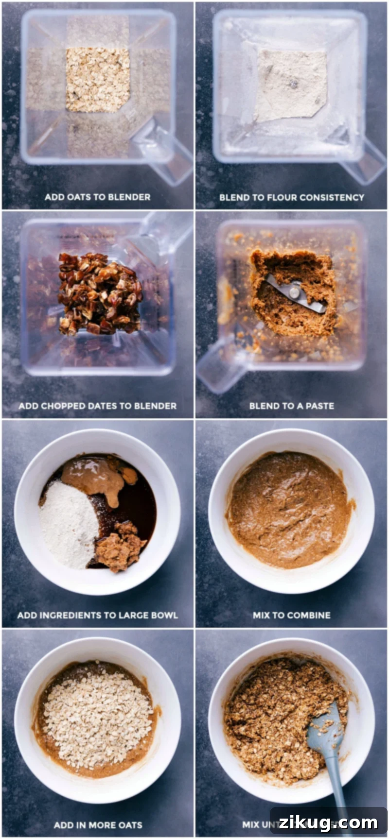 These Oatmeal Granola Bars taste like an iced oatmeal cookie -- in a more nutritious form of course! These bars are simple to make with no baking required! Recipe via ChelseasMessyApron #quick #easy #snack #best #simple #glaze #oats #healthy #kidfriendly #oatmeal #granola #bars Process shots showing blended oats, dates, and combined ingredients for no-bake oatmeal granola bars.