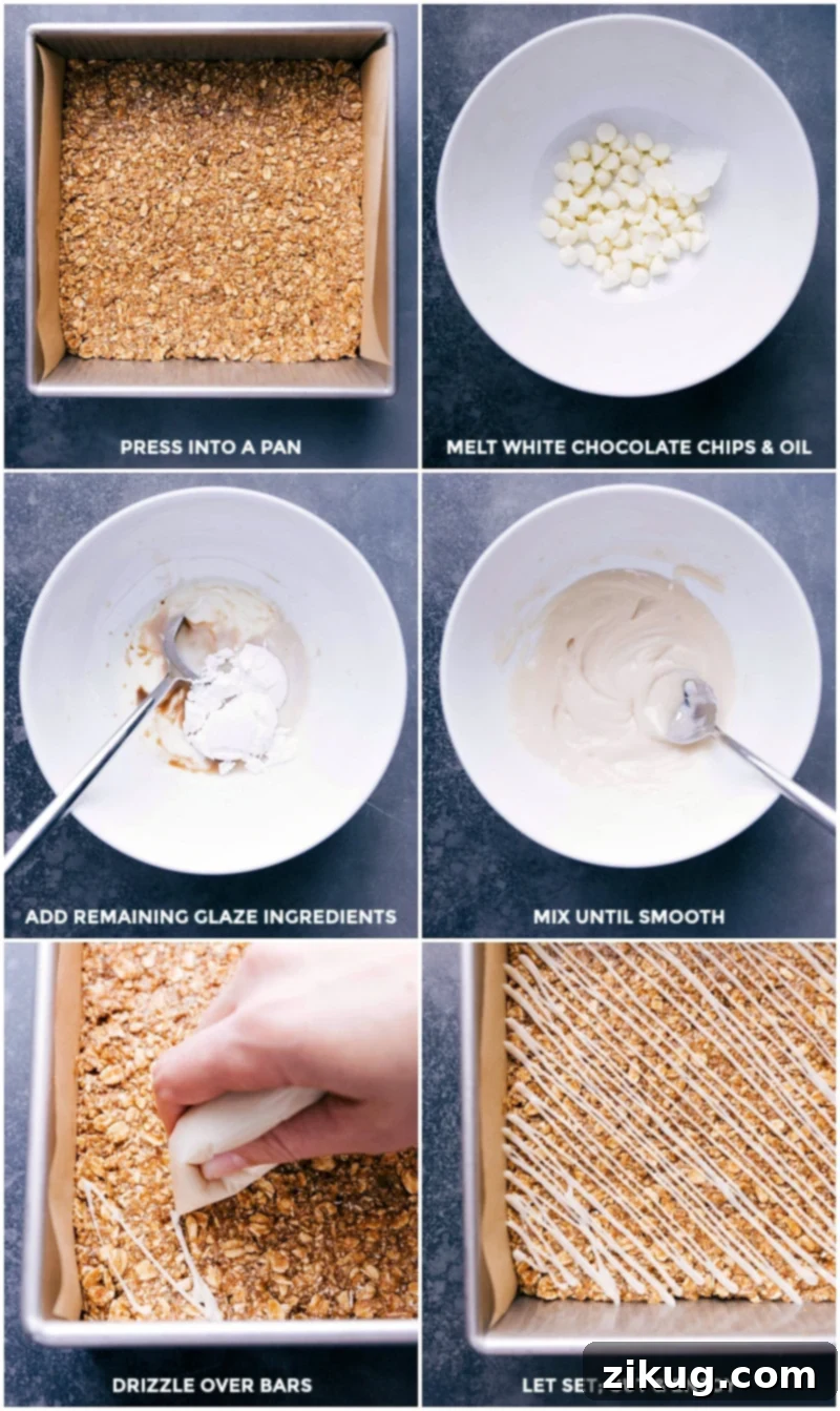 These Oatmeal Granola Bars taste like an iced oatmeal cookie -- in a more nutritious form of course! These bars are simple to make with no baking required! Recipe via ChelseasMessyApron #quick #easy #snack #best #simple #glaze #oats #healthy #kidfriendly #oatmeal #granola #bars Process shots showing the no-bake oatmeal granola bar mixture being pressed into a pan, glaze preparation, and drizzling glaze over bars.