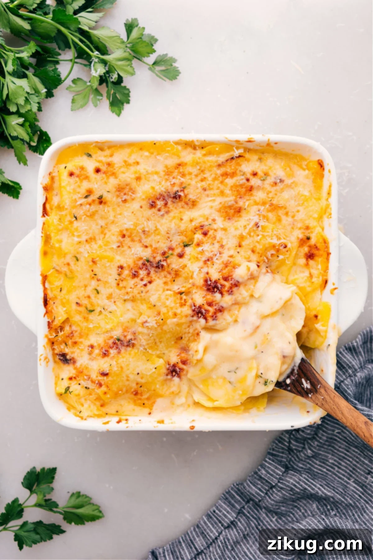 The Best Au Gratin Potatoes Recipe Freshly baked Au Gratin Potatoes, golden brown and bubbly, ready to be served