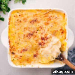 Creamy Baked Au Gratin Potatoes 3 A dish of creamy, cheesy Au Gratin Potatoes, freshly baked and ready to eat.