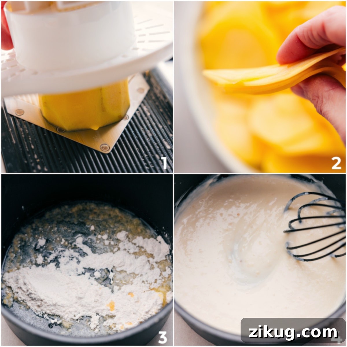 Step-by-Step Guide To Making Au Gratin Potatoes Thinly sliced potatoes mixed with creamy cheese sauce and fresh thyme, ready for layering in a baking dish to make au gratin potatoes