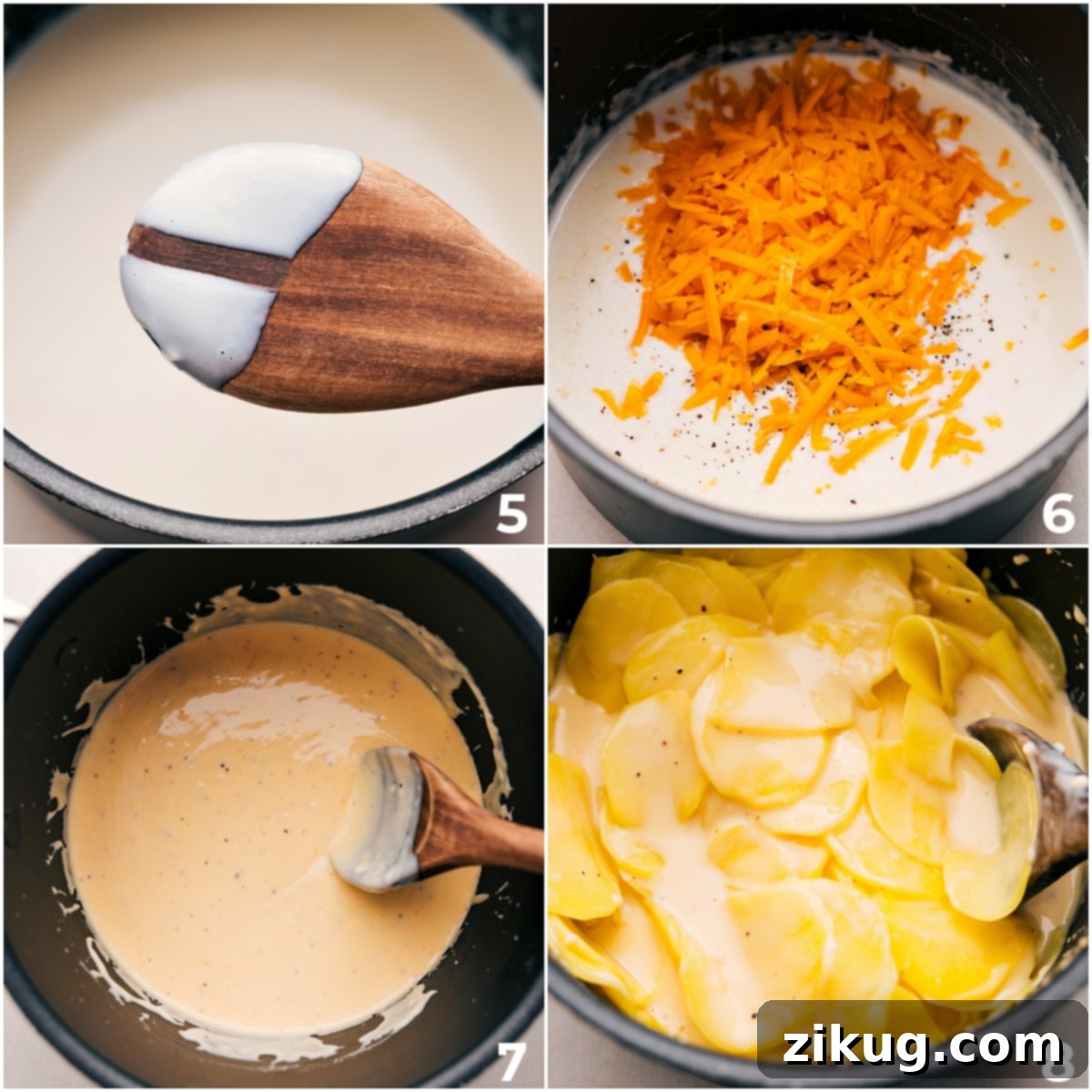 Creamy And Delicious Au Gratin Potatoes Prep Creamy cheese sauce with thinly sliced potatoes, being prepared for baking