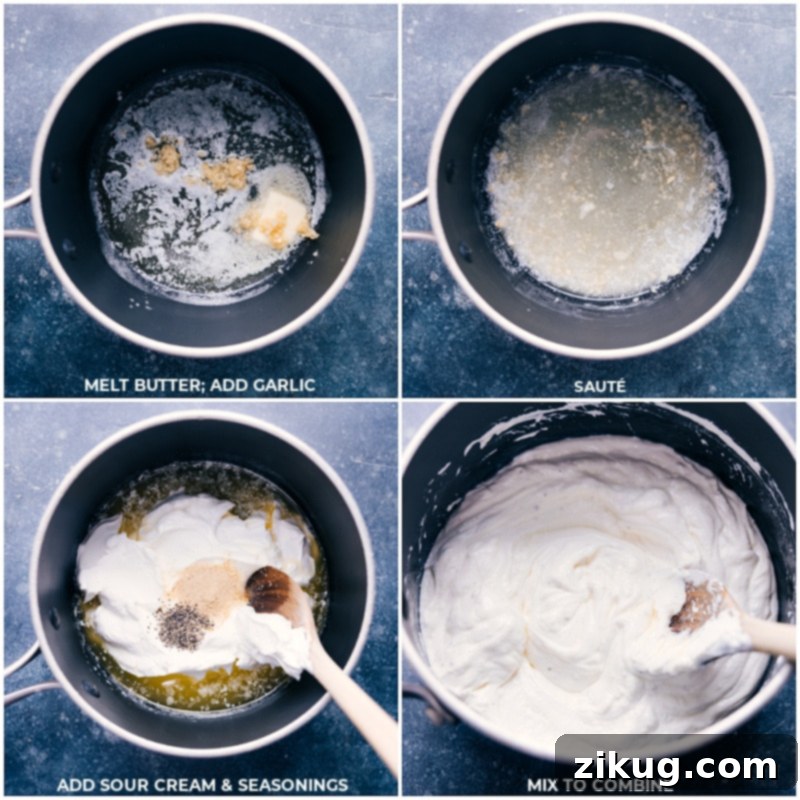 Process shots: Showing butter melting in a pot, minced garlic being added and sautéed, then sour cream and seasonings being whisked in to create a smooth sauce.