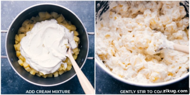 Process shots: Showing the sour cream mixture being added to the cooked potato cubes and gently stirred to coat evenly.