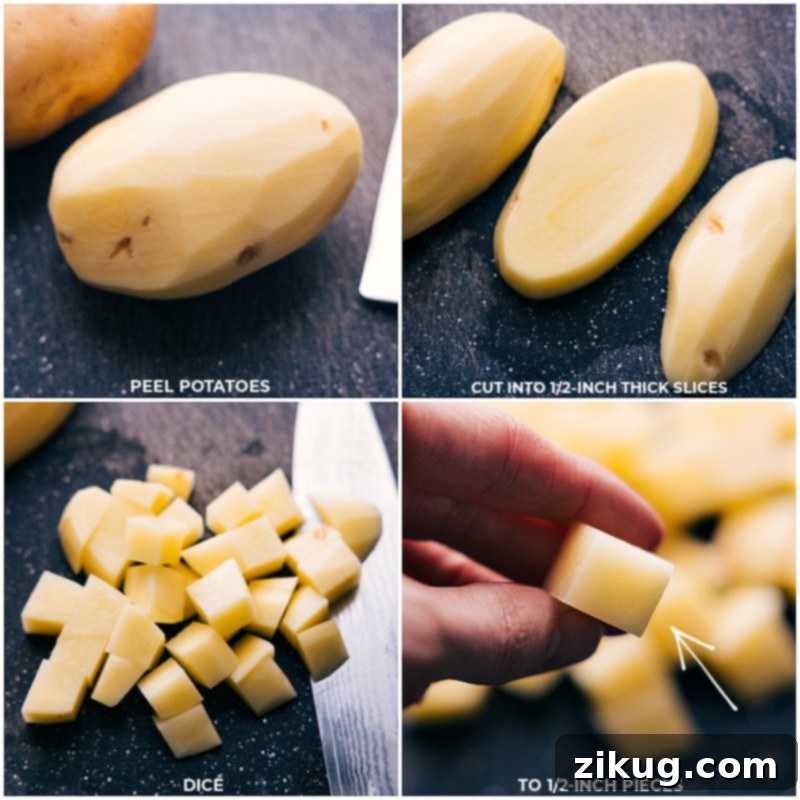 Potatoes being prepped and chopped into uniform cubes, ready for the cheesy potato casserole.