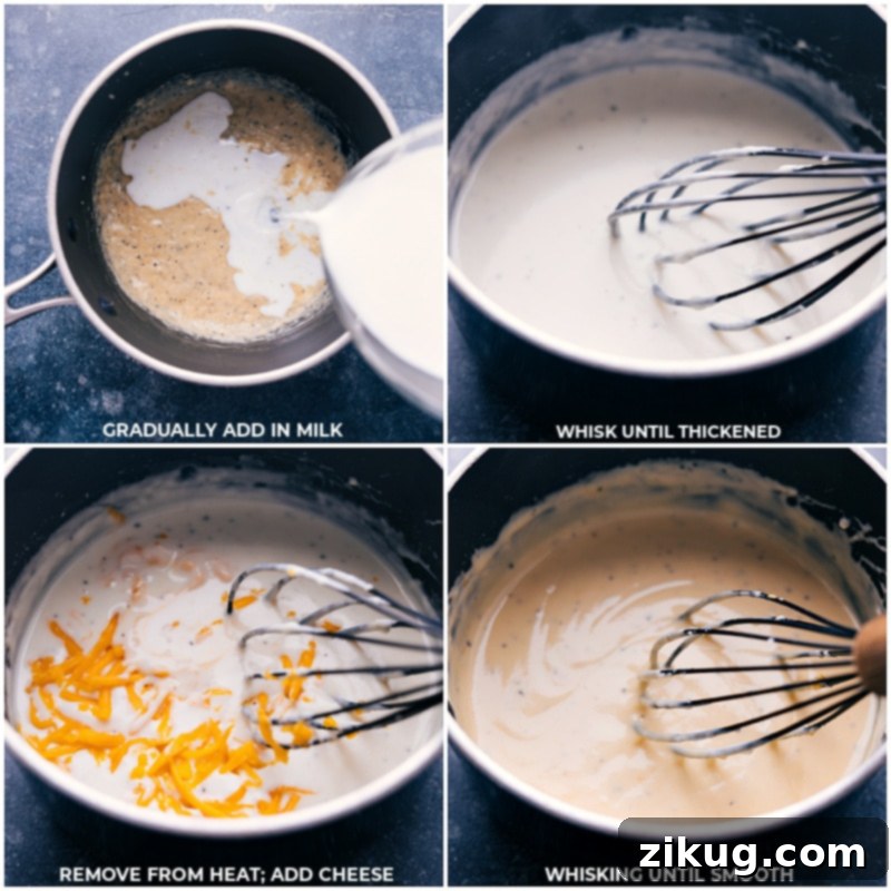 Adding milk and shredded cheese to a pot, then whisking until the creamy sauce is smooth and ready for potatoes.