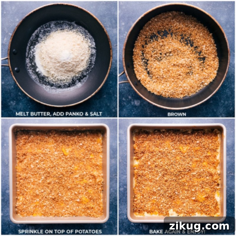 Make a panko topping, sprinkle it generously over the dish, and bake again for cheesy potatoes with a perfect crunch.
