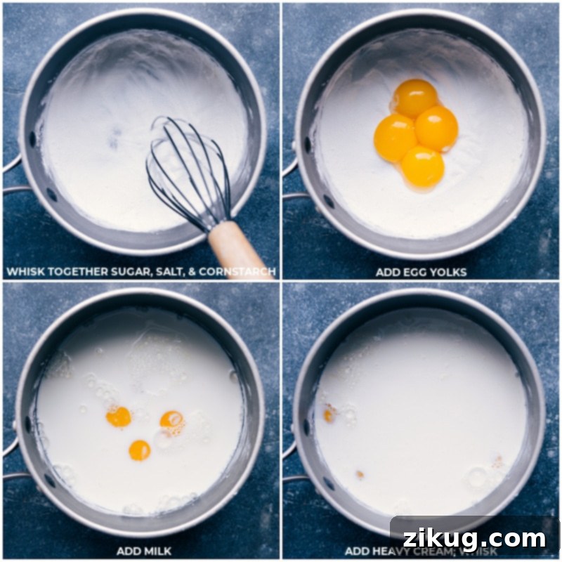 Banana Cream Pie in the making! Ingredients for the creamy custard being prepared. Process images showing sugar, salt, cornstarch, egg yolks, milk, and heavy cream being whisked together in a pot for the banana cream pie custard