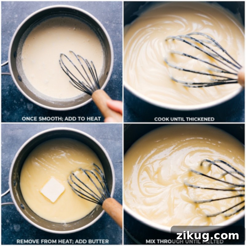 The secret to a luscious banana cream pie: whisking in butter for extra richness. Process images of butter being incorporated into the creamy banana custard filling