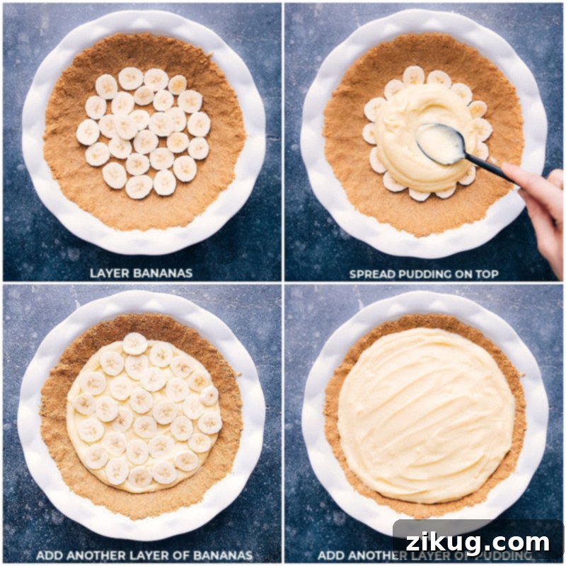 Building layers of flavor: banana slices and creamy custard filling for the ultimate pie. Process shots: layering banana slices and pudding custard in a pie crust
